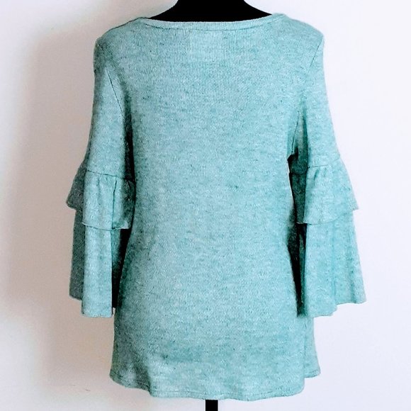Fantastic Fawn Teal Blue Knit Top Ruffled Sleeves - Picture 3 of 3